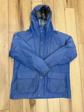 Woolrich Royal Blue Hooded Chore and Raincoat with Plaid Flannel Lining